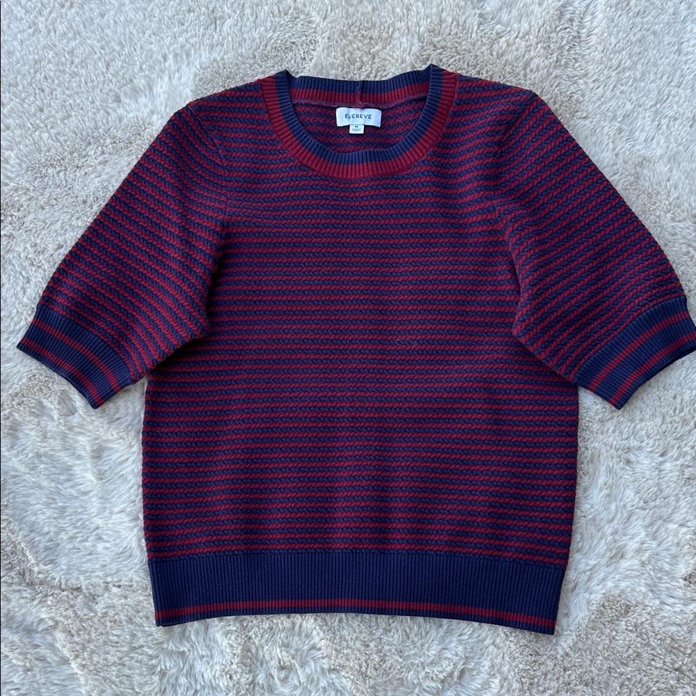 Evereve Striped Knit Short Sleeve Sweater Top | Navy Red | Size M